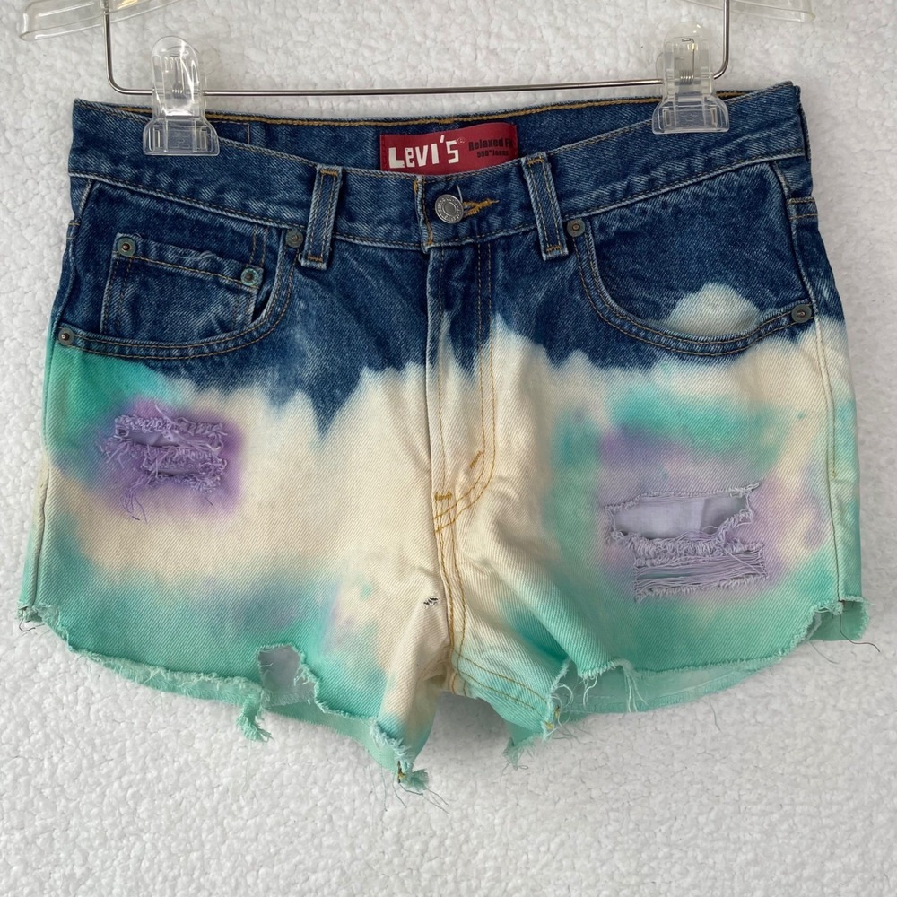 Levis 550 Relaxed Fit Tie Dye Denim Shorts High Rise Distressed Cut Off 29